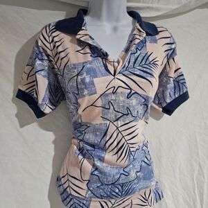 Vintage 90s blue pink floral tropical collared preppy blouse